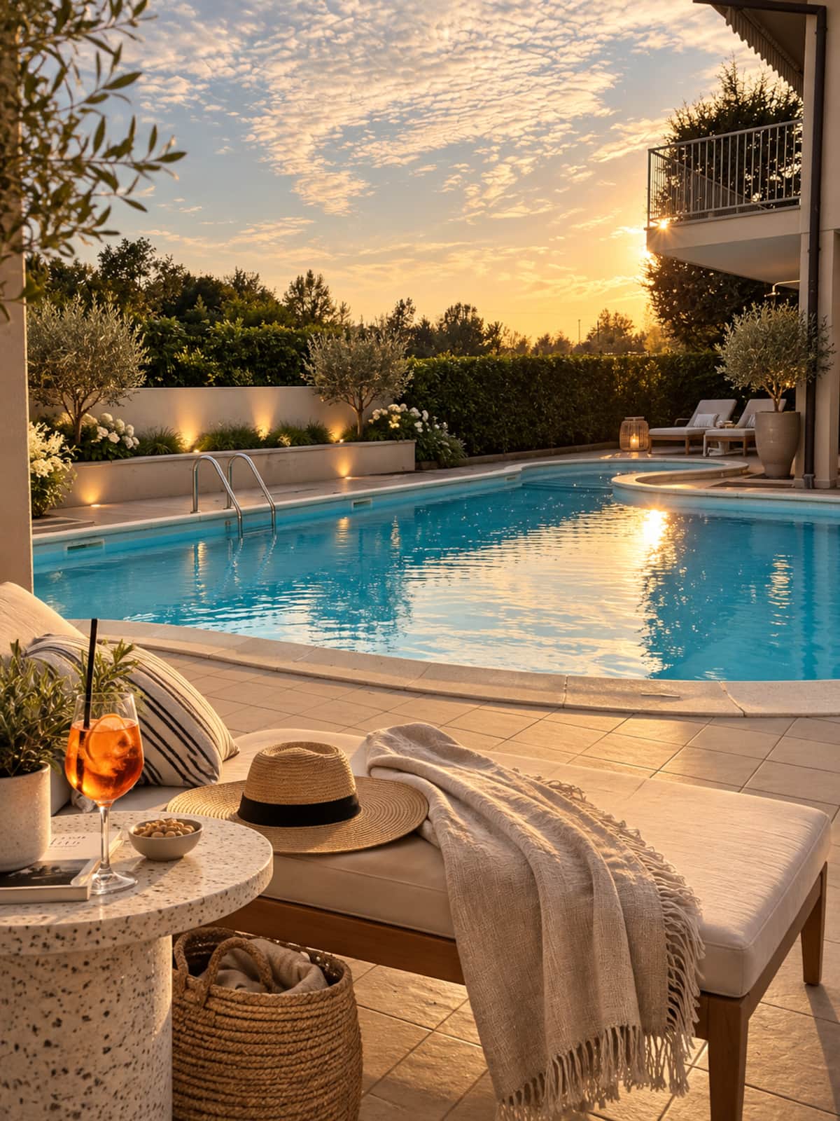 Piscina al tramonto con zona relax